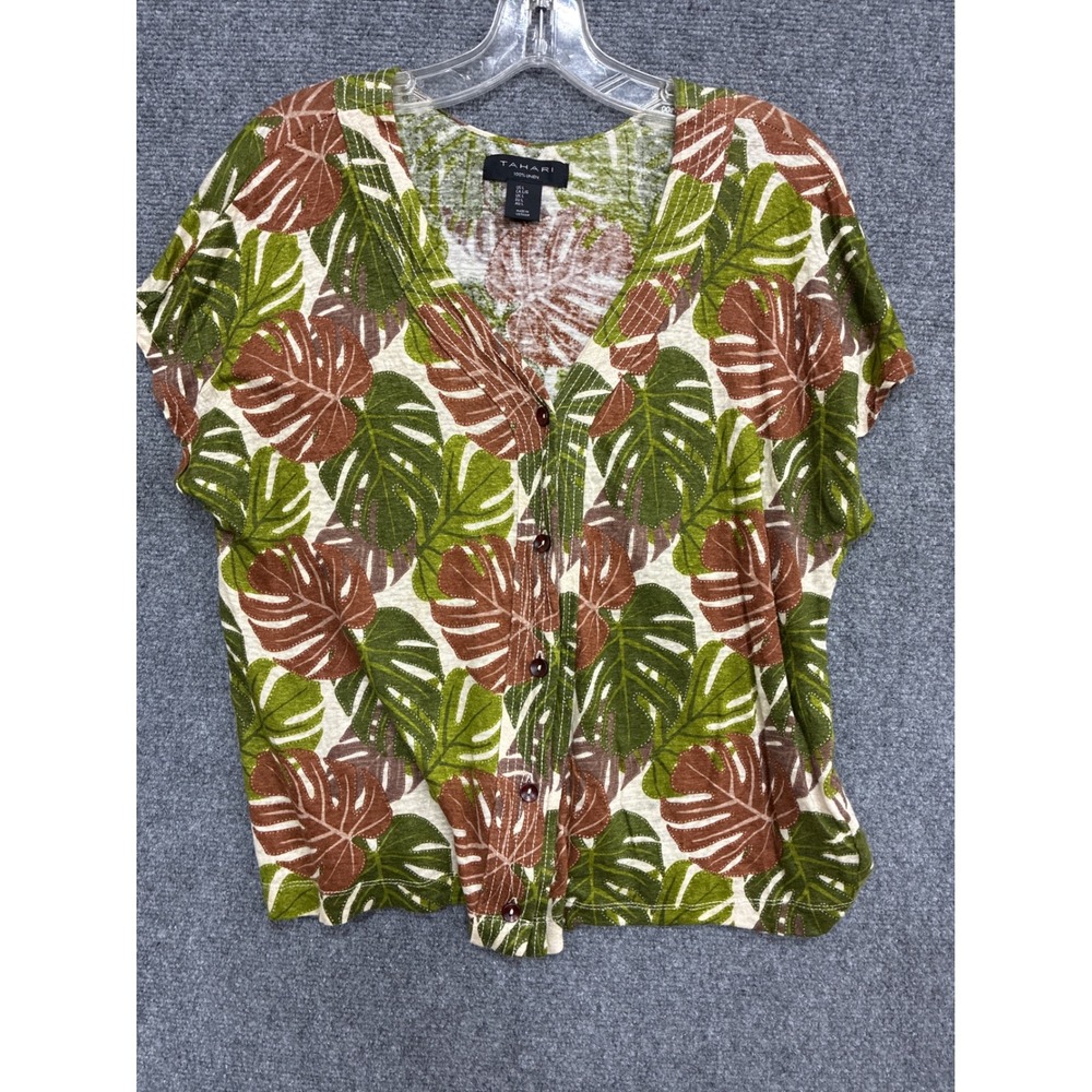 Tahari Womens Large 100% Linen Tropical Monstera Leaf Print Button Cardigan Top